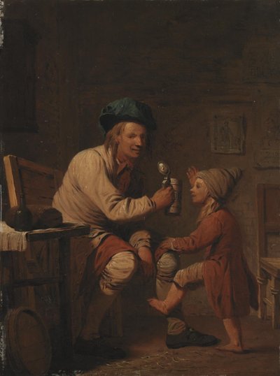 Ein Bauer gibt seinem Sohn etwas zu trinken von Peter Cramer