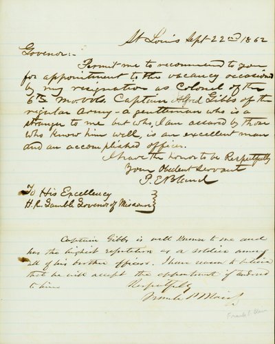 Brief unterschrieben P.E. Bland, St. Louis, an H.R. Gamble, Gouverneur von Missouri, 22. September 1862 von Peter E. Bland