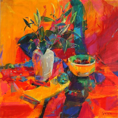 Lilien auf rotem Grund, 2012 von Peter Graham (Contemporary)