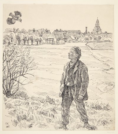 Der Junge und der Kiebitz. Faaborg mit der Kirche im Hintergrund von Peter Hansen