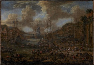 Südlicher Hafen mit zahlreichen Figuren am Ufer von Peter II Casteels