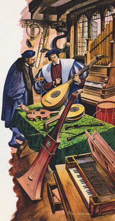 Ein Instrumentenbauer in seinem Laden in der Tudor-Zeit von Peter Jackson