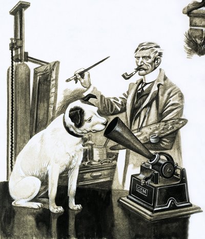 Künstler malt den Hund, der einem Grammophon zuhört von Peter Jackson