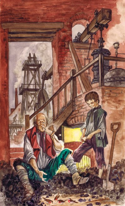George Stephenson beobachtet, wie sein Vater Krümel an die gezähmten Rotkehlchen füttert (Gouache auf Papier) von Peter Jackson