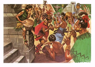 Maya-Eingeborene tanzen und musizieren vor einem Tempel von Peter Jackson