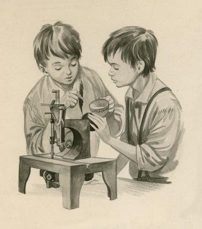 Die Gebrüder Wright als Jungen, die Wasser mit einer Feder in die Nähmaschine tropfen lassen von Peter Jackson