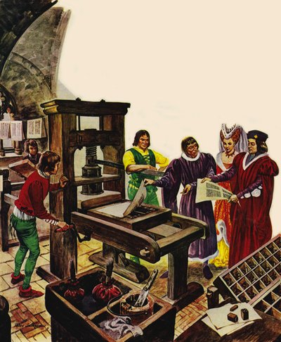 William Caxton zeigt König Eduard IV. und seiner Königin Elizabeth seine Druckerpresse von Peter Jackson