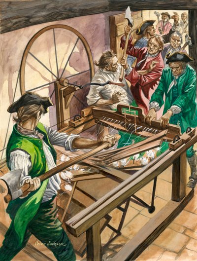 Arbeiter greifen das Haus von James Hargreaves in Blackburn an, um seine Erfindung, die Spinning Jenny, zu zerstören von Peter Jackson