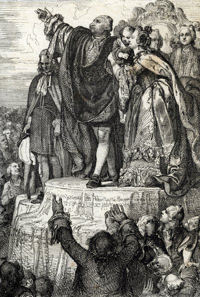Feier der ersten Nationalen Föderation am 14. Juli 1790 auf dem Altar des Vaterlandes im Champs-de-Mars, anlässlich des ersten Jahrestages der Eroberung der Bastille: König Ludwig XVI., umgeben von seiner Familie, schwört auf die Verfassung von Peter Johann Nepomuck Geiger