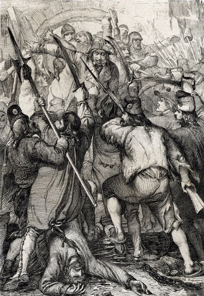 Französische Revolution: Das bewaffnete und wütende Volk stürmt die Bastille und ermordet die Garnison und den Gouverneur von Peter Johann Nepomuck Geiger