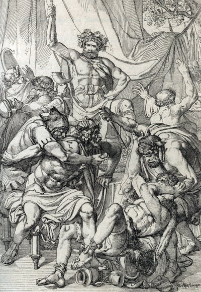 Heptarchie: Darstellung des angelsächsischen Anführers Hengist (5. Jahrhundert), der seine Feinde tötet, um das Königreich Kent zu gründen, um 461. Federzeichnung von Peter Johann Nepomuck Geiger