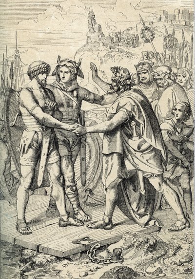 Landung von Hengest und Horsa, Figuren der angelsächsischen Legende, die die beiden als germanische Brüder darstellen, die die Angeln, Sachsen und Jüten anführten, die im 5. Jahrhundert die ersten Gebiete Britanniens eroberten von Peter Johann Nepomuck Geiger