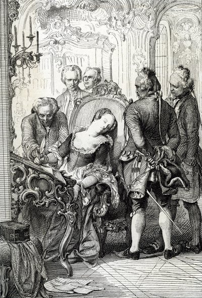Königin Caroline Mathilde von Dänemark gezwungen, die Scheidungsdokumente nach ihrem außerehelichen Abenteuer 1772 zu unterzeichnen von Peter Johann Nepomuck Geiger