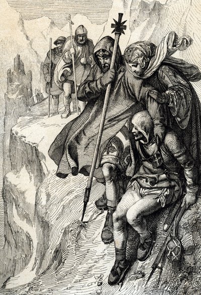 Der König der Römer Heinrich IV. überquert den Mont-Cenis-Pass, um die Alpen zu überqueren und zur Gräfin Mathilde von Toskana nach Canossa zu gelangen, wo Papst Gregor VII. im Januar 1077 war von Peter Johann Nepomuck Geiger