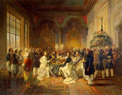 Mittagessen in Smyrna von Halim Pascha, Illustration aus Die Reise von Maximilian von Habsburg und seinem Bruder Karl Ludwig im Mittelmeer, von Peter Johann Nepomuk Geiger von Peter Johann Nepomuk Geiger