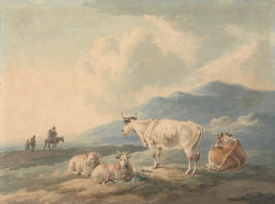 Berglandschaft: mit Kühen und Ziegen im Vordergrund und Figuren links von Peter La Cave