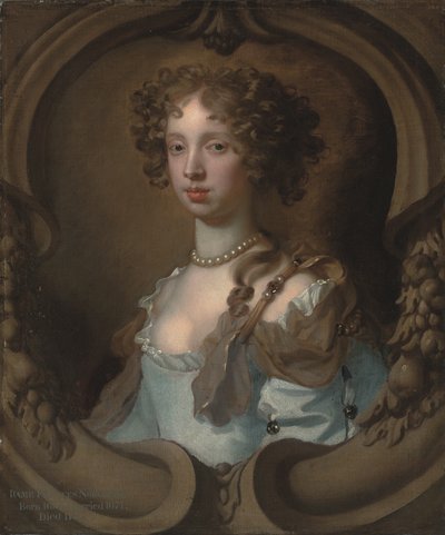 Porträt von Lady Frances Norcliffe (1654-1731), büste, in einem hellblauen Kleid mit einer Perlenbrosche, in einem skulptierten Kartusche von Peter Lely