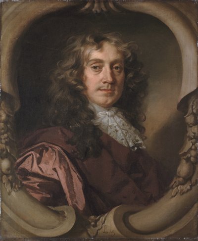 Porträt eines Gentlemans, halblang, in einem braunen Mantel und Mechlin-Spitzenkrawatte, in einem skulptierten Kartusche von Peter Lely