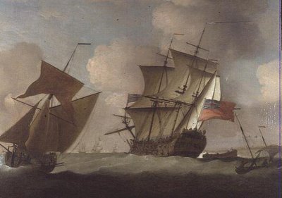 Ein Dritter Rang schließt sich ihrem Geschwader vor Elizabeth Castle, Jersey an von Peter Monamy