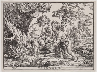 Christuskind und Johannes der Täufer spielen mit einem Lamm, Gravur von Christoffel Jegher (1596-1653), nach 1632 von Peter Paul (after) Rubens