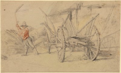 Ein Mann beim Dreschen neben einem Wagen, Farmgebäude dahinter von Peter Paul Rubens