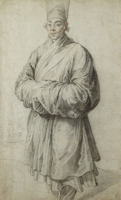 Ein Mann in koreanischer Tracht, der einen durchsichtigen Kopfschmuck aus Pferdehaar trägt, fast ganzfigur, ein Schiff links von Peter Paul Rubens