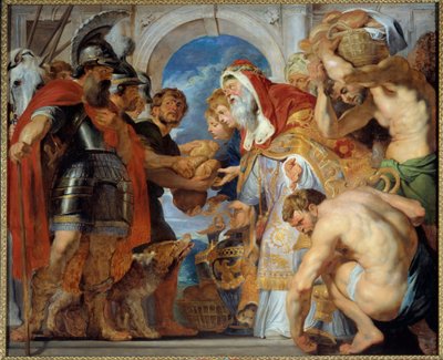 Abraham und Melchisedech. Nach einer siegreichen Kampagne traf Abraham Melchisedech (Melchisedec oder Melchizedek), König von Salem, der ihm Brot und Wein brachte. Er war ein Priester und sprach diesen Segen aus von Peter Paul Rubens