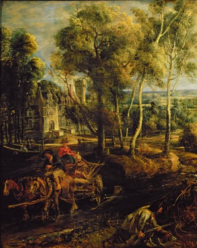 Herbstlandschaft mit Blick auf Het Steen am frühen Morgen (Detail) von Peter Paul Rubens
