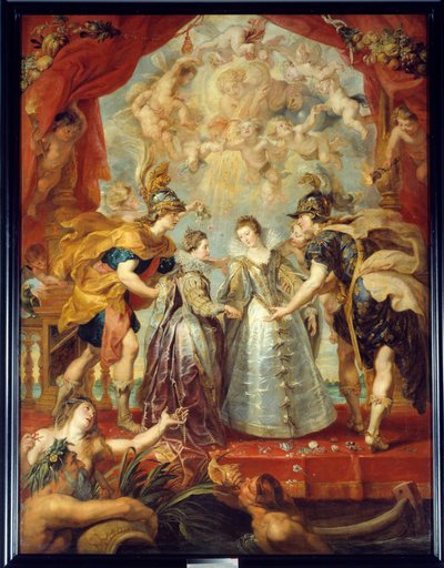 Austausch der beiden Prinzessinnen von Frankreich und Spanien auf dem Fluss Bidassoa in Hendaye, 9.11.1615 (allegorische Darstellung der Heirat zwischen Anne von Österreich und Ludwig XIII sowie Isabella von Frankreich und Philipp IV) von Peter Paul Rubens