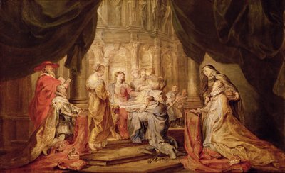 Maria übergibt Ildefonso, Erzbischof von Toledo, das Gewand, mit Erzherzog Albrecht VII. und seinem Schutzpatron Albert von Löwen links und der Infantin Isabella Clara Eugenia und ihrer Schutzpatronin Elisabeth von Ungarn rechts (Skizze für das Altarbild) von Peter Paul Rubens