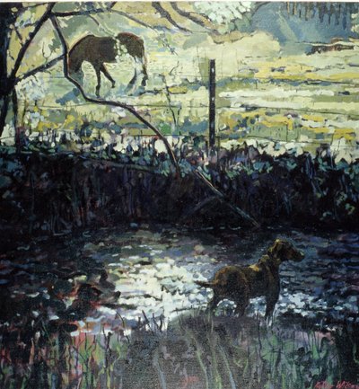 Pony und Hund auf einem Feld von Peter Wilson