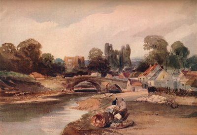 Ein Dorf an einem Fluss, mit Brücke und Ruinen von Peter de Wint