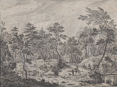 Waldlandschaft mit einem Reiter, der mit einem Mann in der Mitte spricht, eine Fußbrücke rechts von Peter von Bemmel