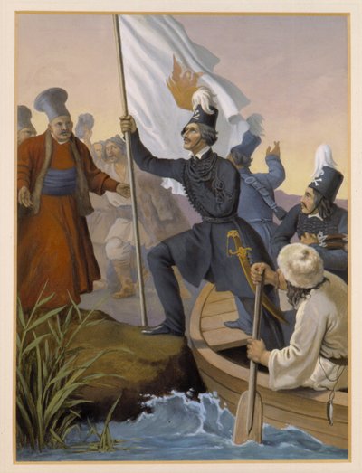 Alexandros Ypsilantis überquert den Prouthos-Fluss, Februar 1821 von Peter von Hess