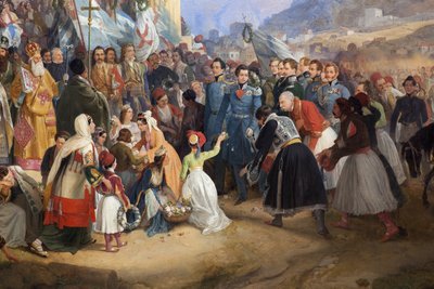 Der Einzug von König Othon I. von Griechenland in Athen, begrüßt von der Menge vor dem Tempel des Hephaistos (Hephaisteion) oder Theseion auf der Agora von Peter von Hess