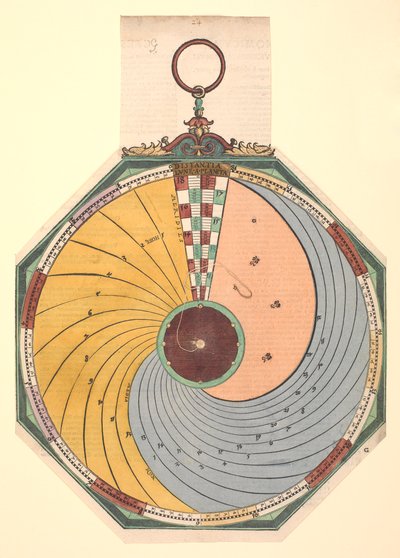 Volvelle zur Bestimmung der Zeit, in Stunden und Minuten, in der der Mond einen seiner Aspekte erreicht. Die Scheibe ist fixiert und wird von einem Draht in der Mitte abgelesen von Petrus Apianus