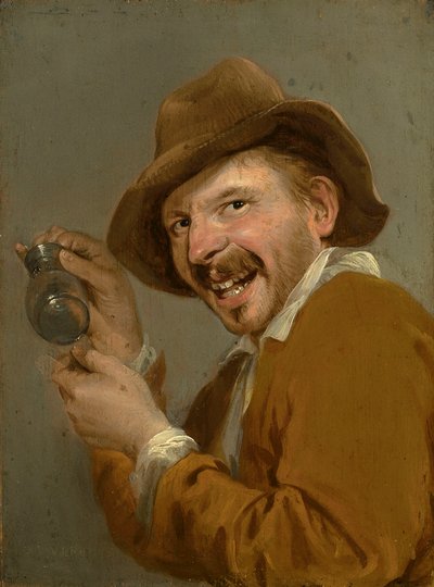 Geschmack: Ein lachender Mann mit einem umgedrehten Glas. Aus der Serie Personifikationen der fünf Sinne, ca. 1635-66 von Petrus Staverenus