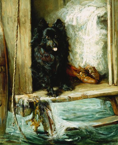 In Obhut gelassen - Ein schwarzer Pomeranian auf den Stufen einer Badeanstalt von Philip Eustace Stretton