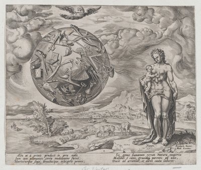 Der Mensch ist zur Arbeit geboren, aus Die Belohnung von Arbeit und Fleiß, Platte 1, 1572 von Philip Galle