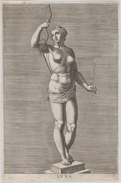 Tafel 7: Diana, Statue der nackten Göttin, die auf einem Sockel steht und einen Halbmond trägt, 1586 von Philip Galle