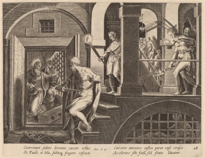 Der Gefängniswärter, der sich selbst töten will, bekehrt durch den heiligen Paulus von Philip Galle after Jan van der Straet