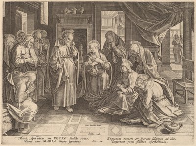 Das Treffen der Apostel und der Frauen im Obergemach von Philip Galle after Jan van der Straet
