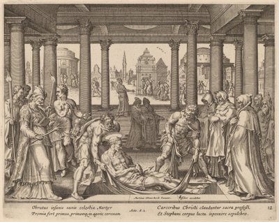 Andächtige Männer tragen den heiligen Stephan zu seiner Beerdigung von Philip Galle after Maerten van Heemskerck