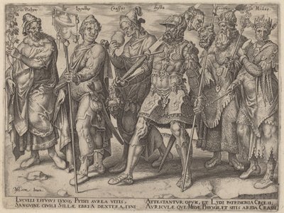 Pythius, Lucullus, Crassus, Sylla, Kroisos, Midas (Berüchtigte Beispiele von Reichtum aus der Antike) von Philip Galle, after Maerten van Heemskerck