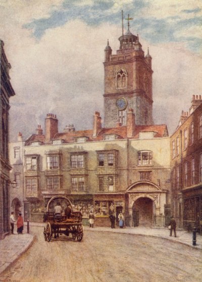 Turm der Kirche St. Giles, Cripplegate, und alte Häuser in der Fore Street, 1884 von Philip Norman