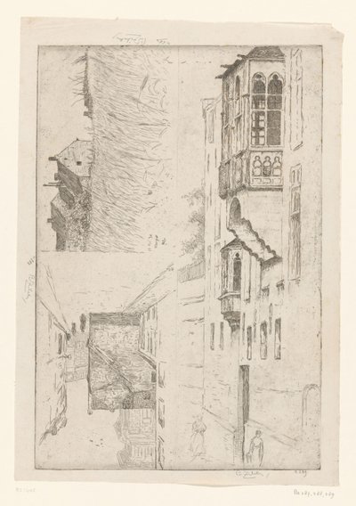 Kornfeld mit Häusern und zwei Ansichten von Häusern in einer Stadt von Philip Zilcken (signed by artist)