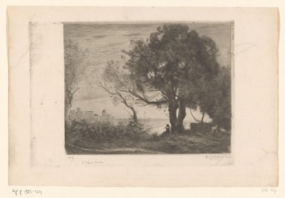 Landschaft mit Flötenspieler unter einem Baum und Silhouette einer Stadt von Philip Zilcken (signed by artist)