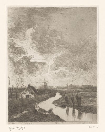 Weidelandschaft mit Graben, Bauernhof und Mühlen von Philip Zilcken (signed by artist)