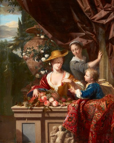 Elegante Figuren auf einer Terrasse mit einer Schale gemischter Früchte von Philip van Dyck