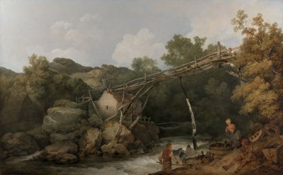 Eine Ansicht in der Nähe von Matlock, Derbyshire mit Figuren, die unter einem Holzförderer arbeiten von Philippe-Jacques de Loutherbourg